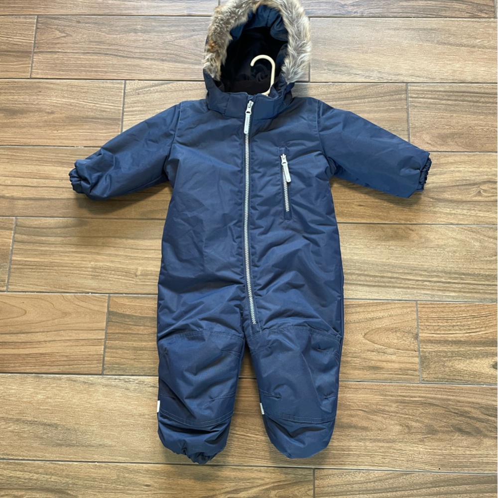 Navy Blue Hooded Snowsuit Set with Matching Mittens and Booties